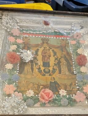 Antique Religious Wall Art with Pink & Silver Floral Accents Comes. With Papers
